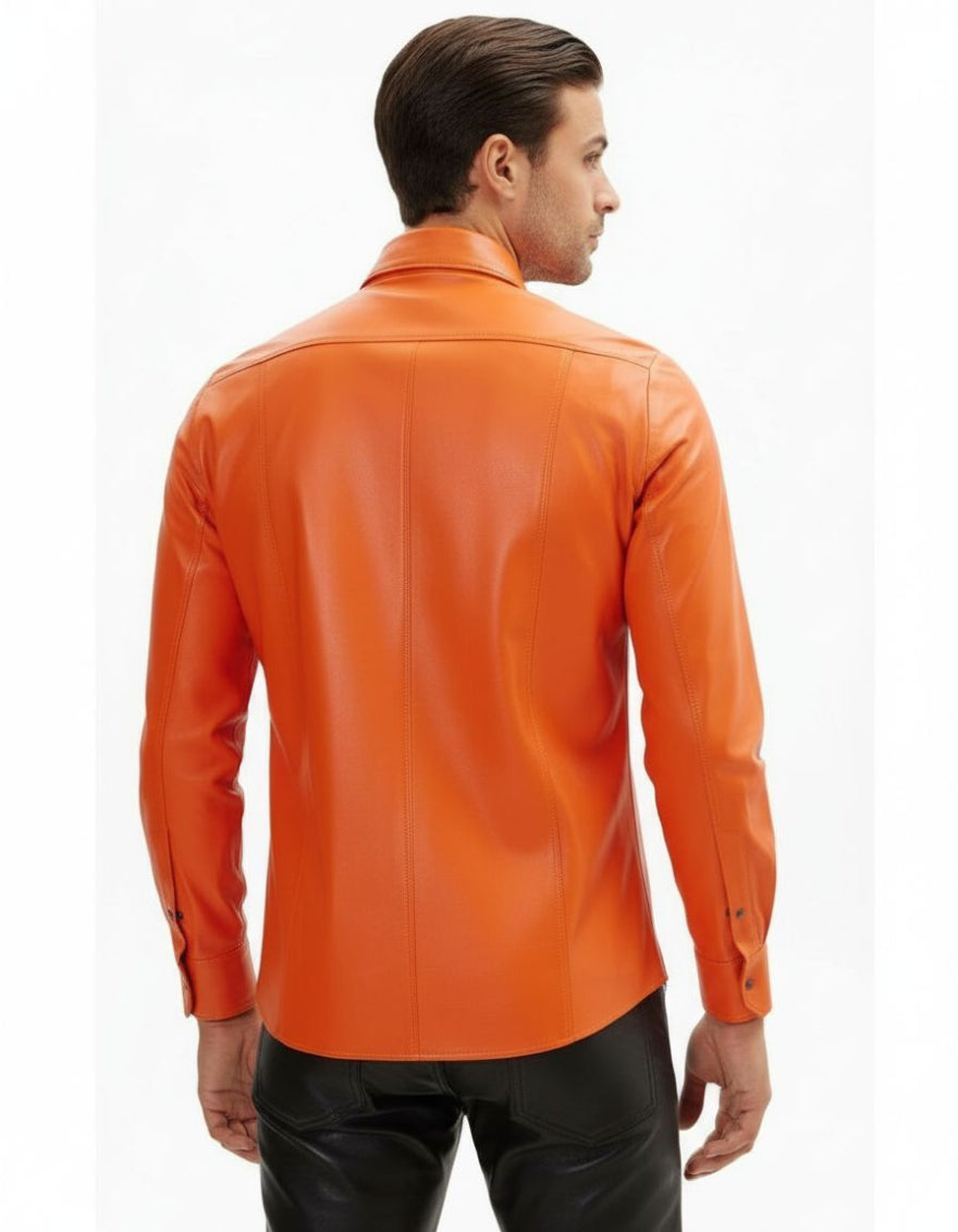 Man wearing our orange leather shirt , back view, on a white background