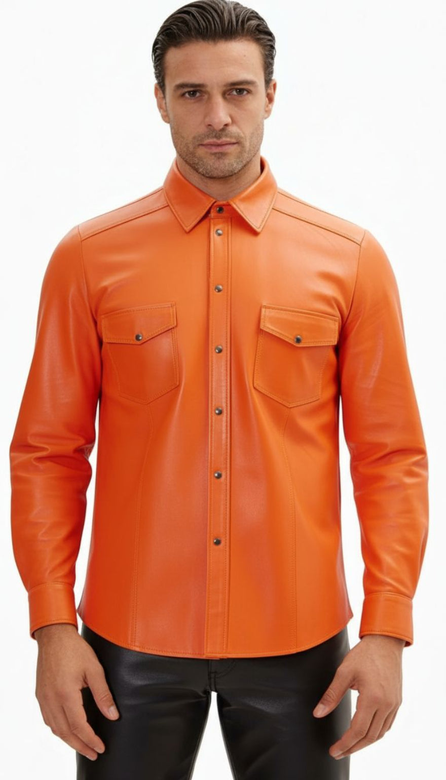 Man wearing our orange leather shirt , side view with top button closed, on a white background