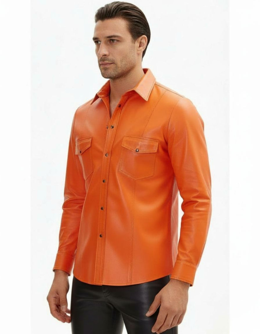 Man wearing our orange leather shirt , side view with top button open, on a white background