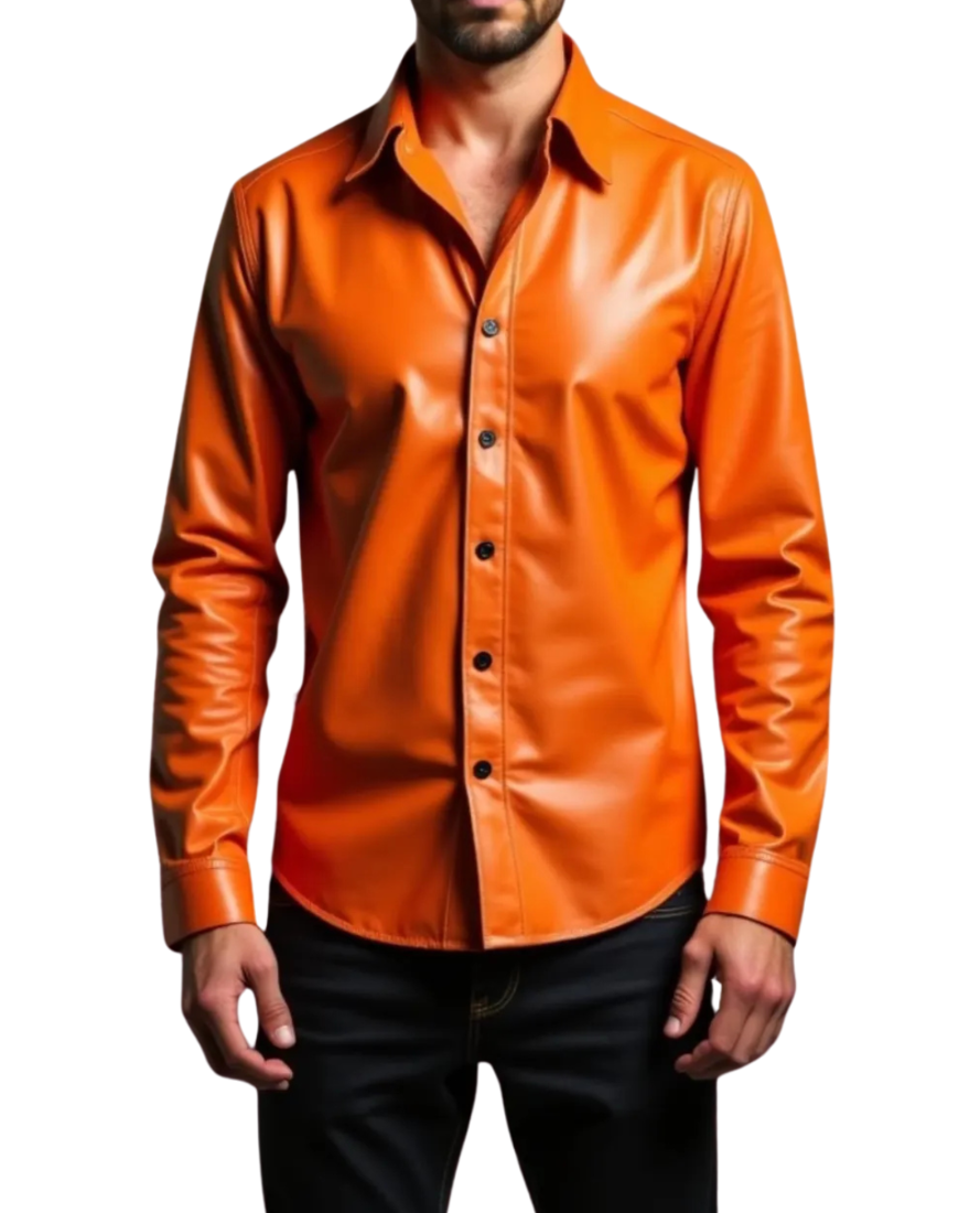 Picture of a model wearing our Orange leather shirt, front view.