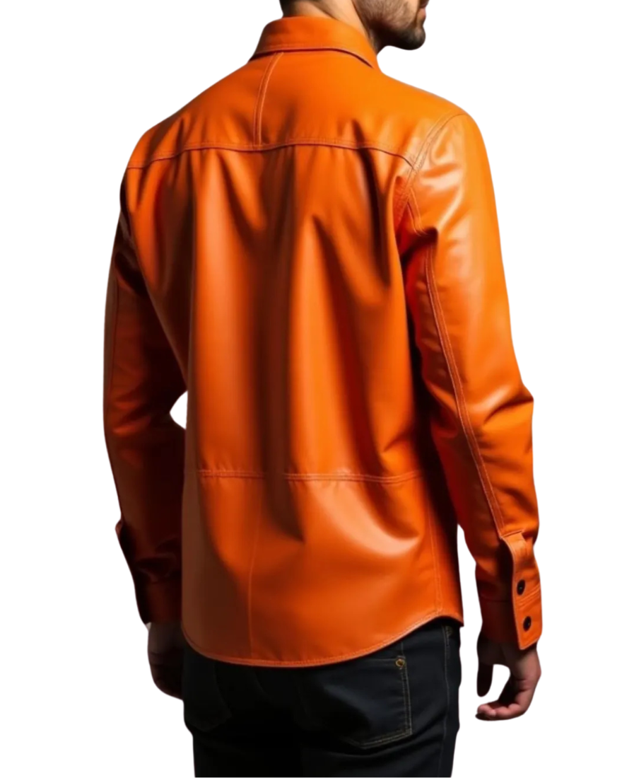Picture of a model wearing our Orange leather shirt, back view.