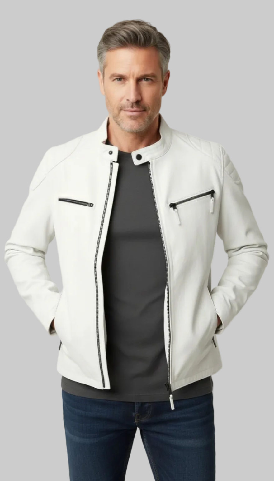 Picture of a model wearing our White Cafe Racer_ Jacket front view.