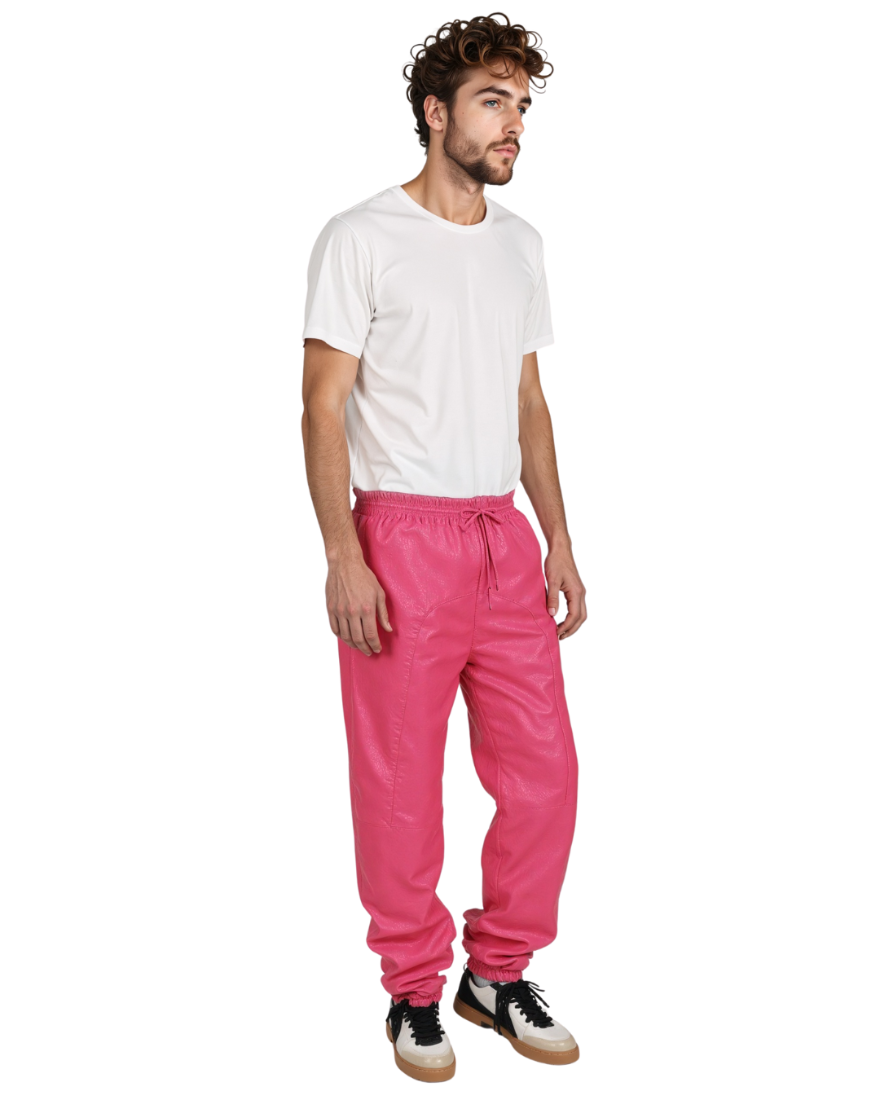 Picture of a model wearing our pink leather joggers, front view.