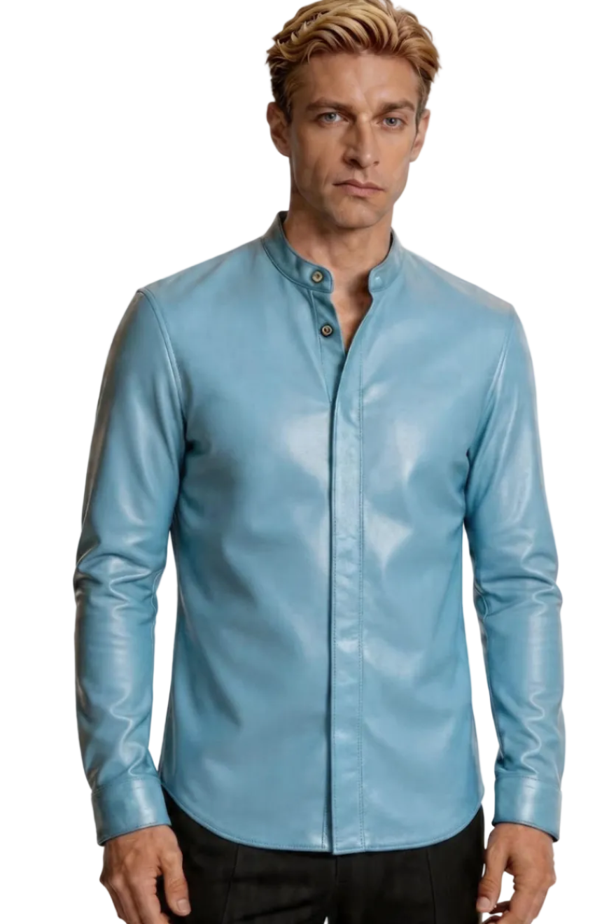 Man wearing our Powder Blue Leather T Shirt on a white background, Front view