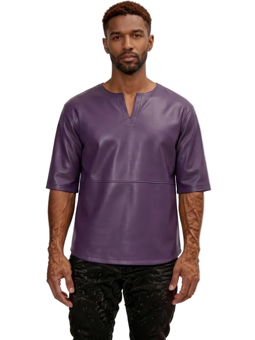 Man wearing our  Purple Leather T Shirt Mens, on a white background, front view.