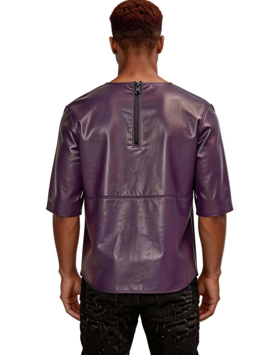 Person wearing our Purple Leather T Shirt Mens, on a white background, back view.