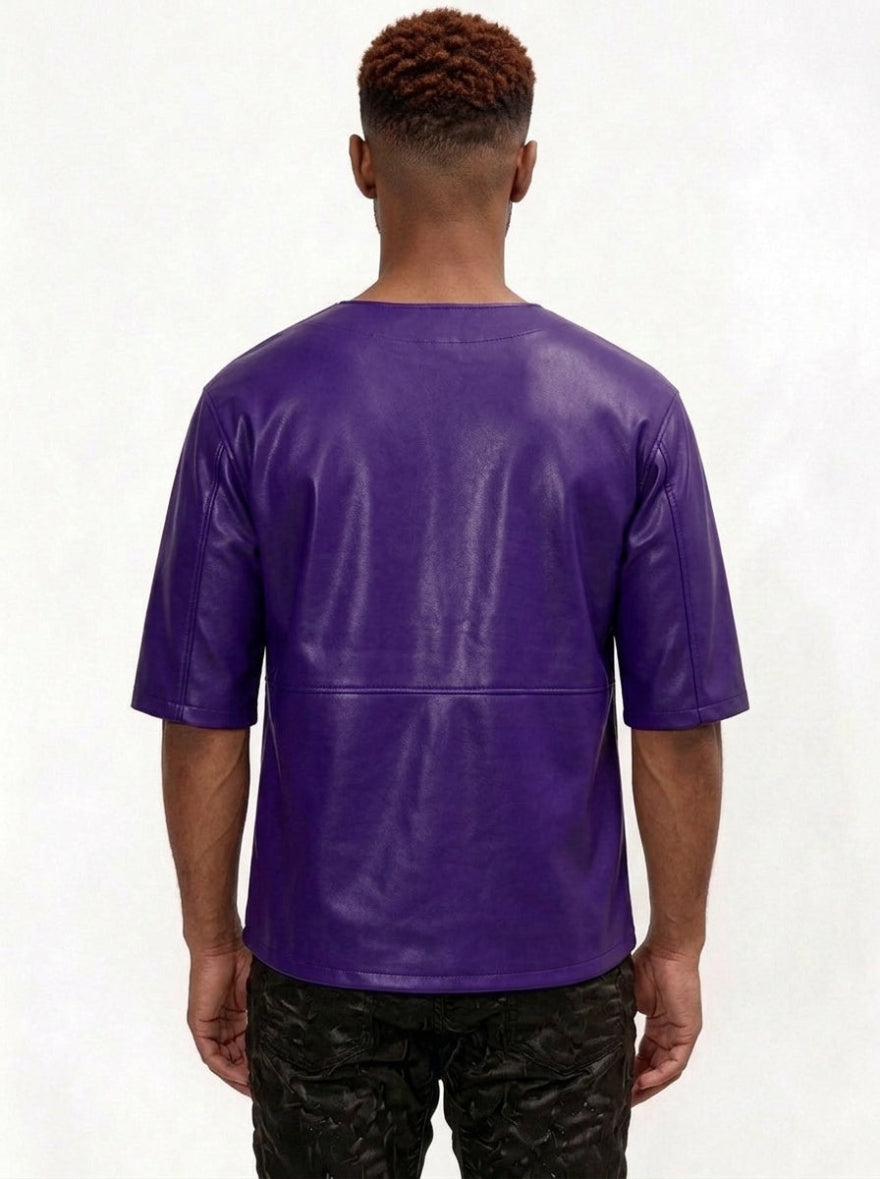 Man wearing our  Purple Leather T Shirt Mens, on a white background, back view.