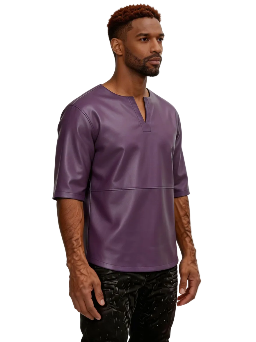 Man wearing our Purple Leather T Shirt Mens on a white background, Side view.