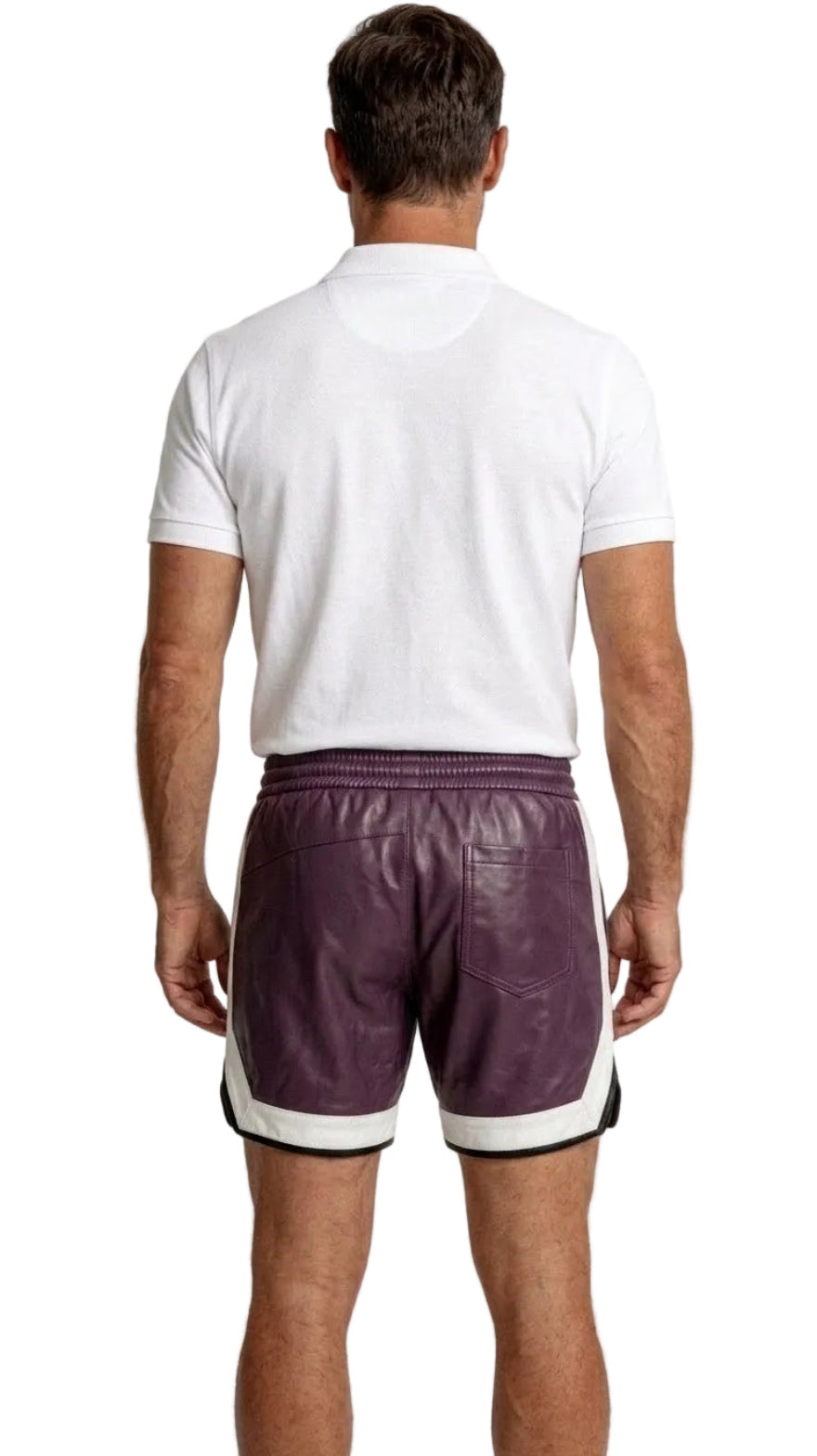 Back View Purple Mens Leather Shorts Custom Inseam Design