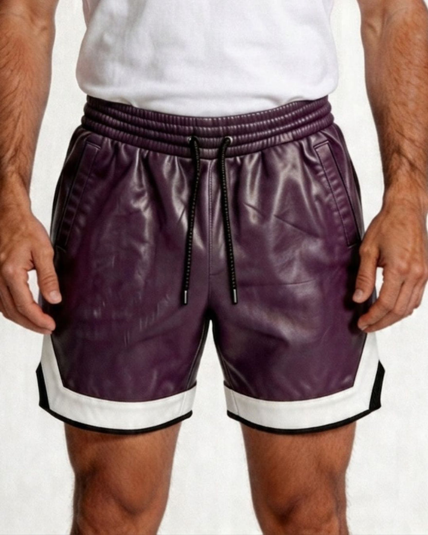 Purple Mens Leather Shorts with Contrast Side Stripe  worn by a person on a plain background