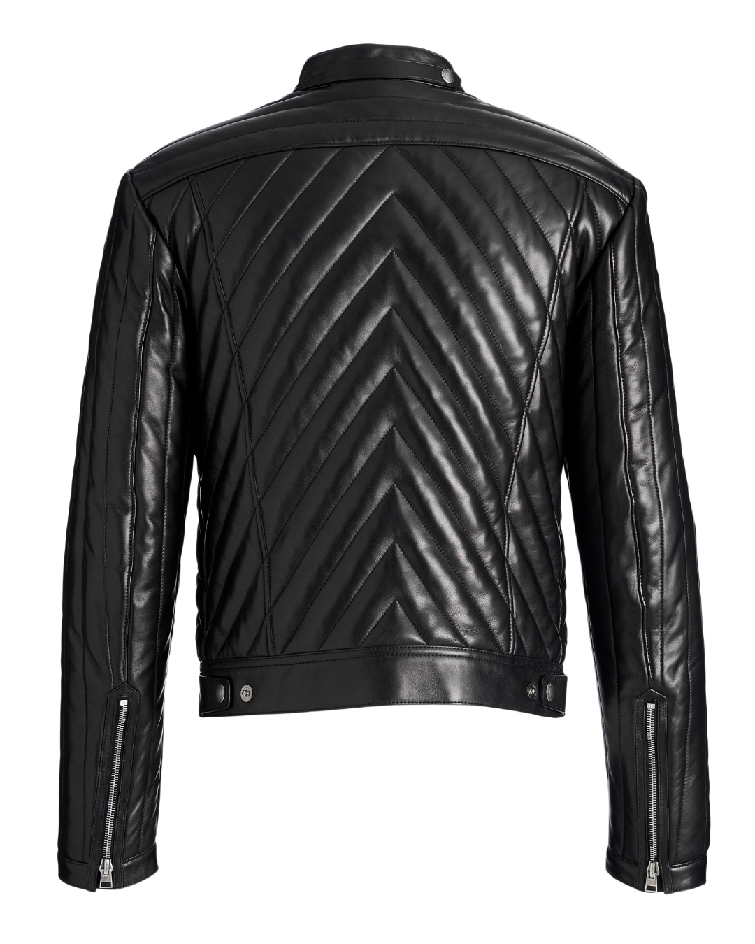 Picture or our Quilted Leather Moto Jacket in black, back view 