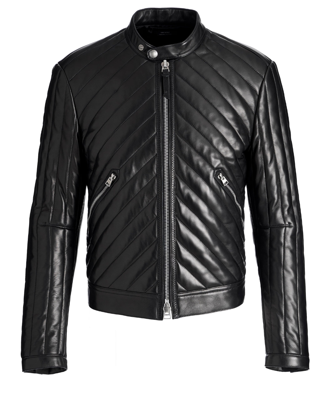 Picture or our Quilted Leather Moto Jacket in black, front view 