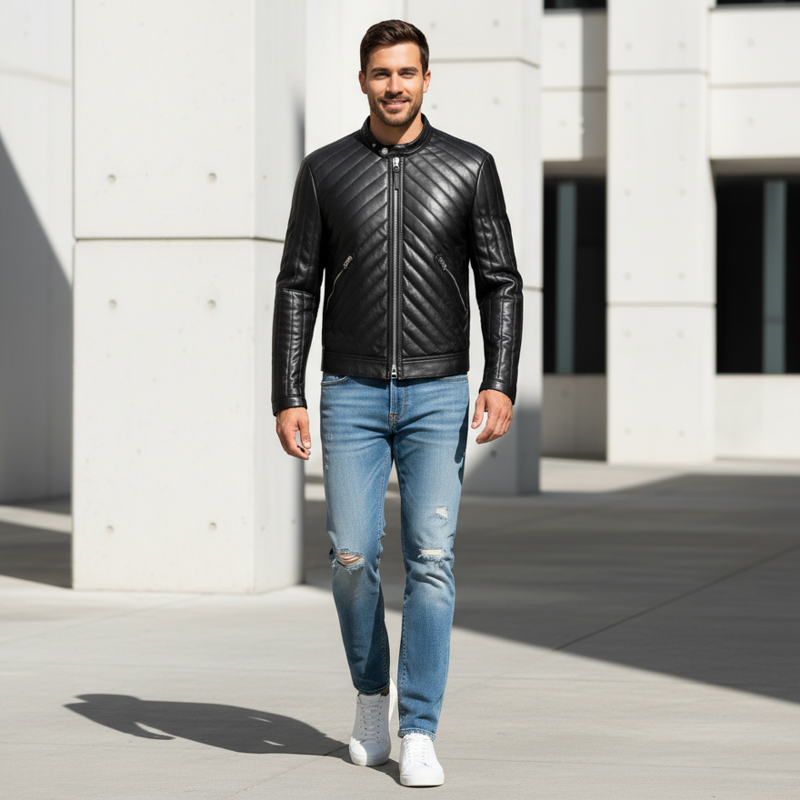 Man wearing our Quilted Leather Moto Jacket and blue jeans standing in front of a white building.