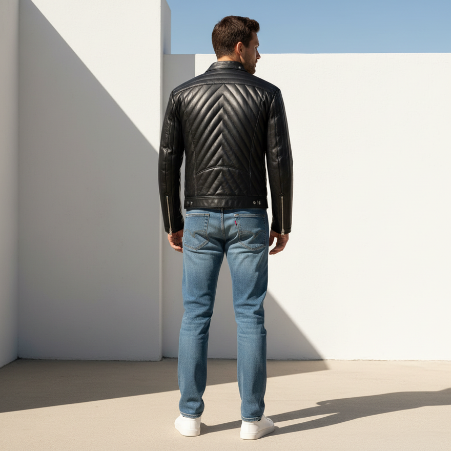 Man wearing our Quilted Leather Moto Jacket and blue jeans standing against a white wall, back view.