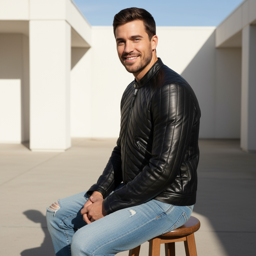 Man wearing our Quilted Leather Moto Jacket and jeans sitting on a stool outdoors.