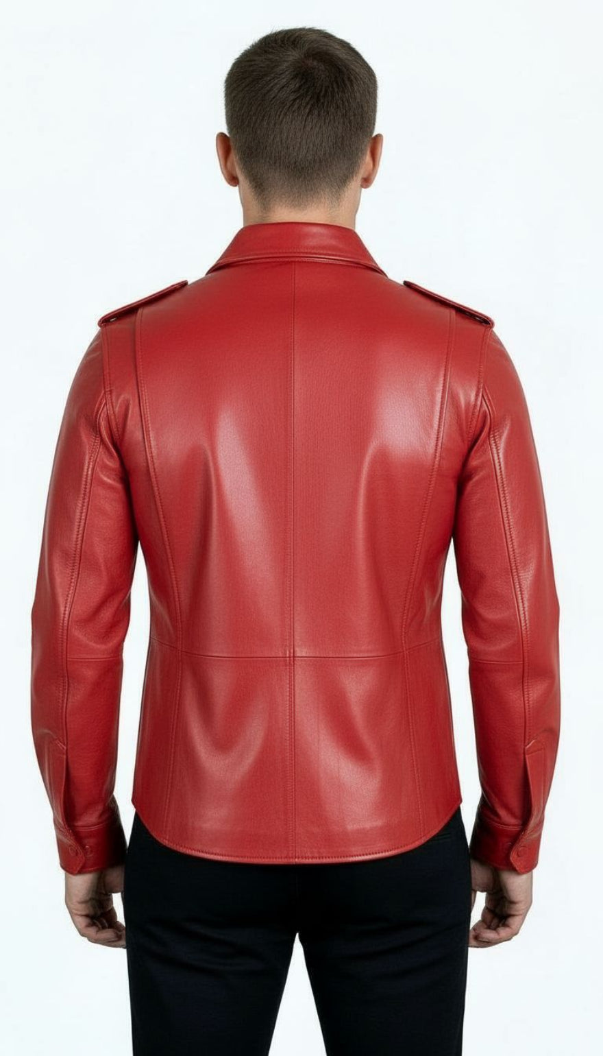 Man wearing our red leather uniform shirt, back view, on a white background