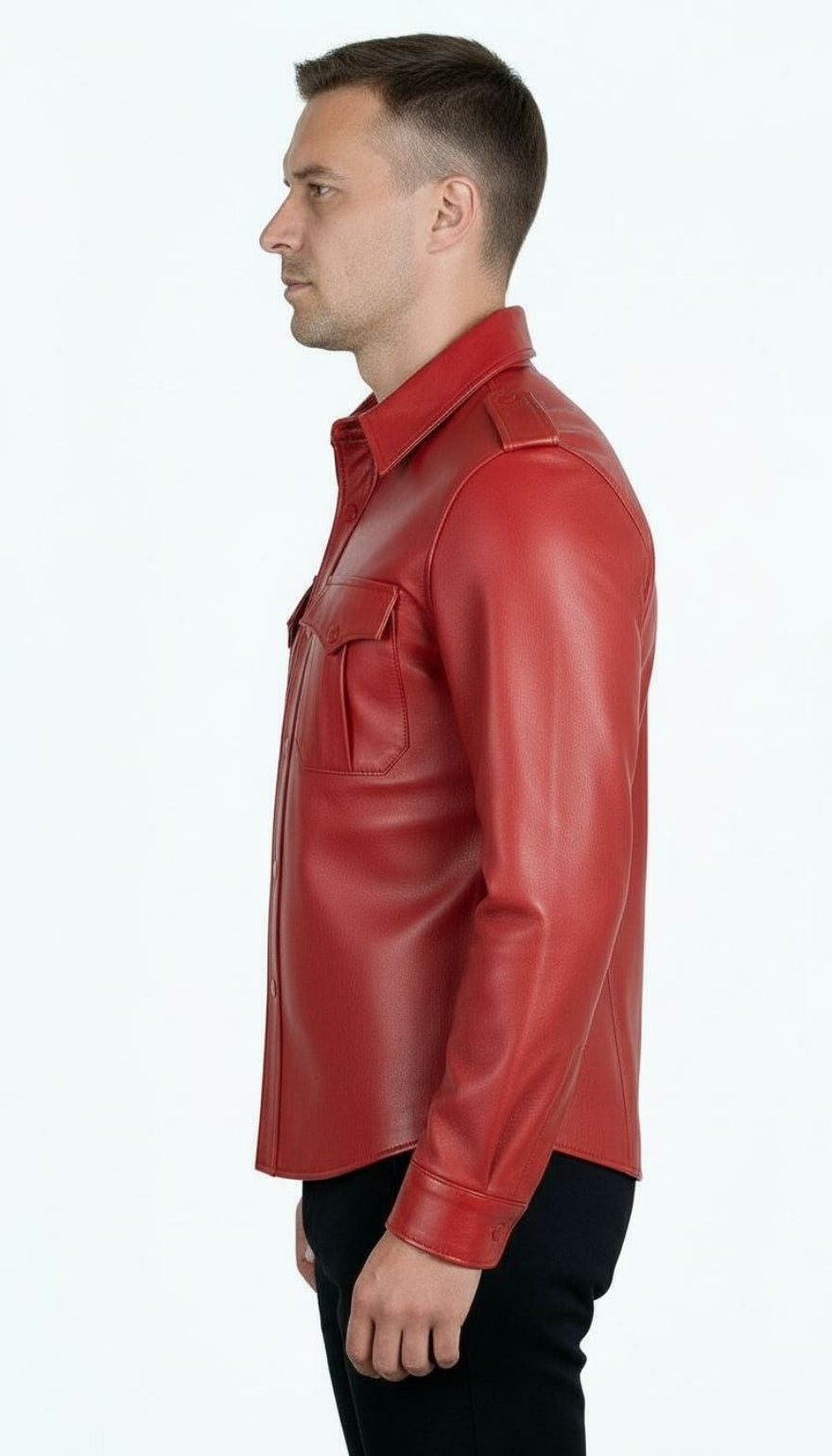 Man wearing our red leather uniform shirt, side view, on a white background