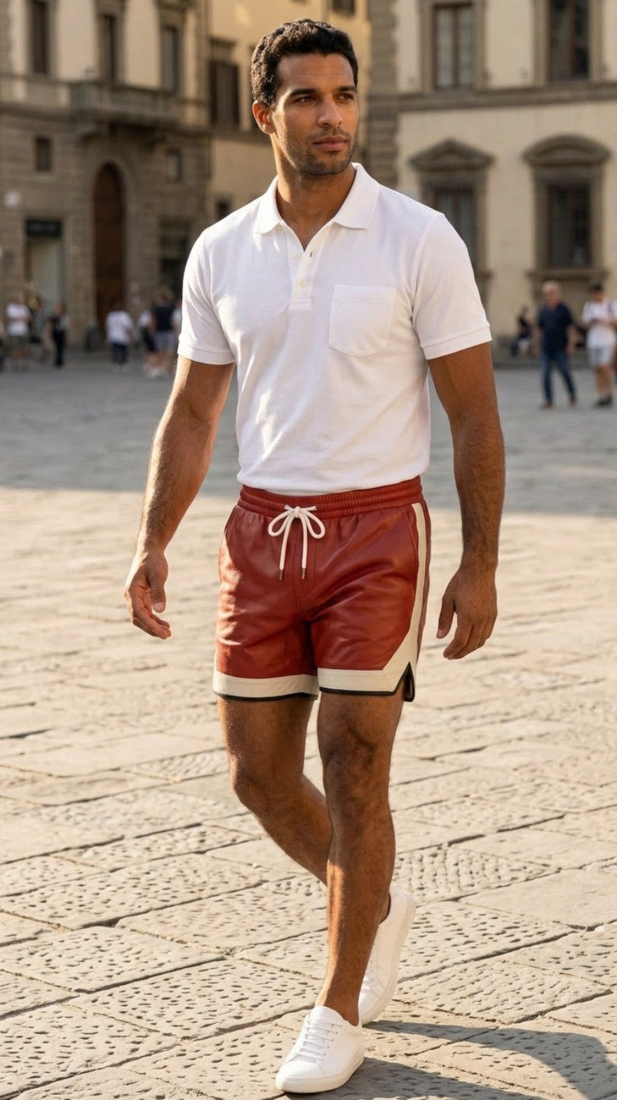 Man wearing our Red Mens Leather Shorts with Contrast Side Stripe and white polo shirt walking on a stone pavement.