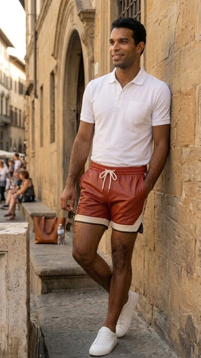 Man wearing our Red Mens Leather Shorts with Contrast Side Stripe and white polo shirt leaning against a stone wall.