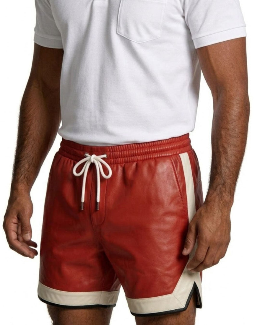 Close up view of our Red Mens Leather Shorts with Contrast Side Stripe