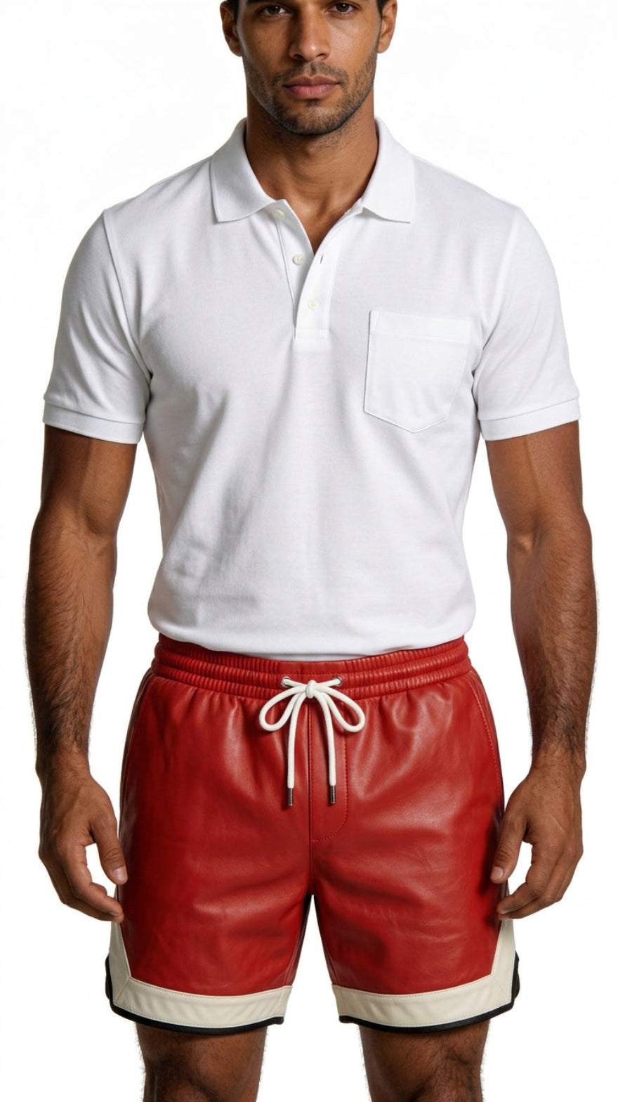 Man wearing our Red Mens Leather Shorts with Contrast Side Stripe and white polo shirt on a white  background, front view.