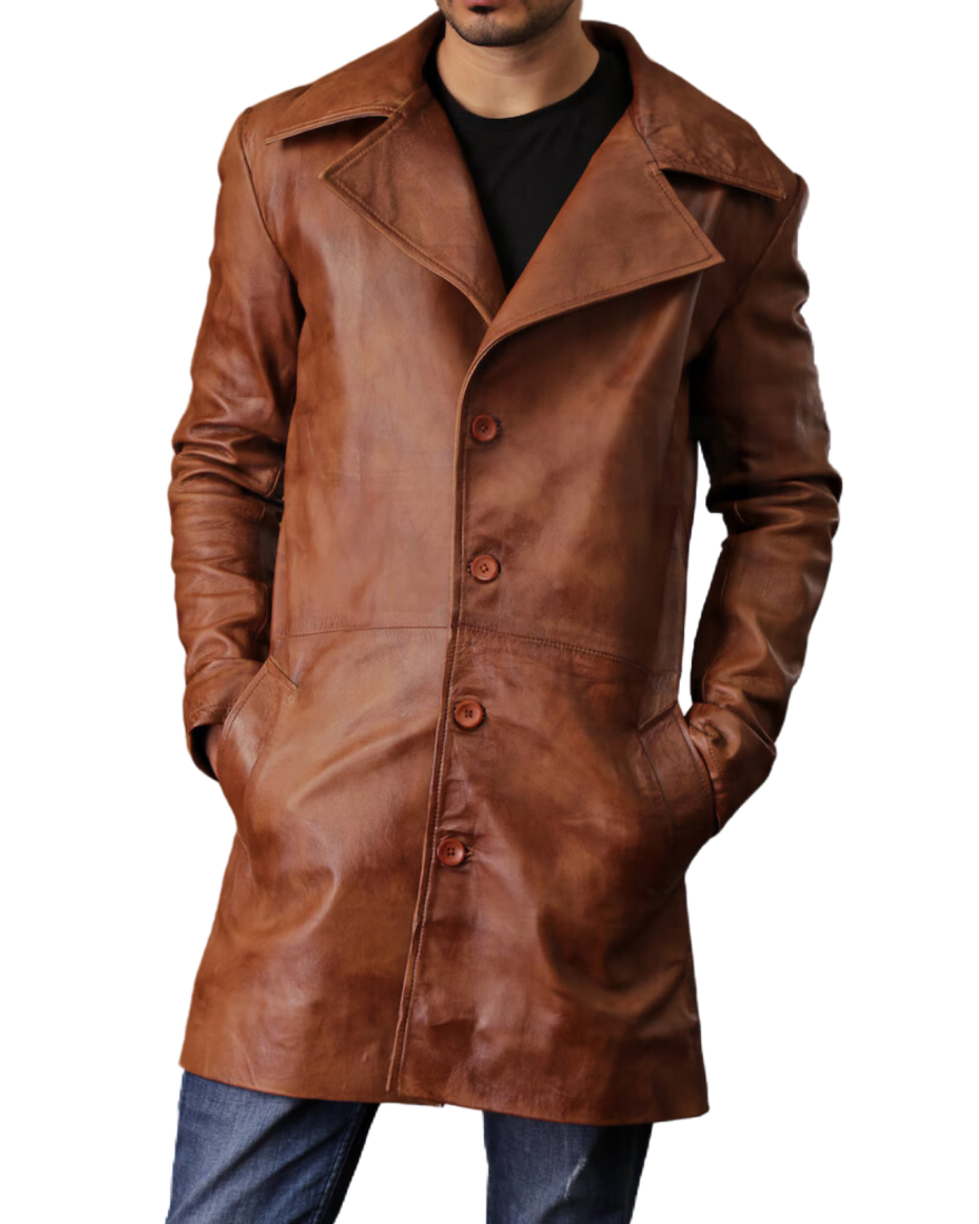 Picture of our Short Leather Trench Coat Brown on a model, front view, buttoned up.