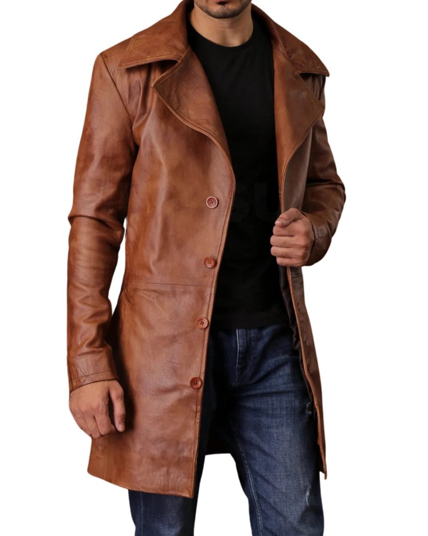 Picture of our Short Leather Trench Coat Brown on a model, front view.