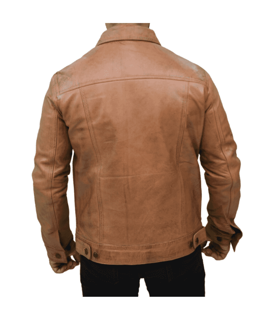 Picture of our Tan Leather Trucker Jacket on a model, back view.