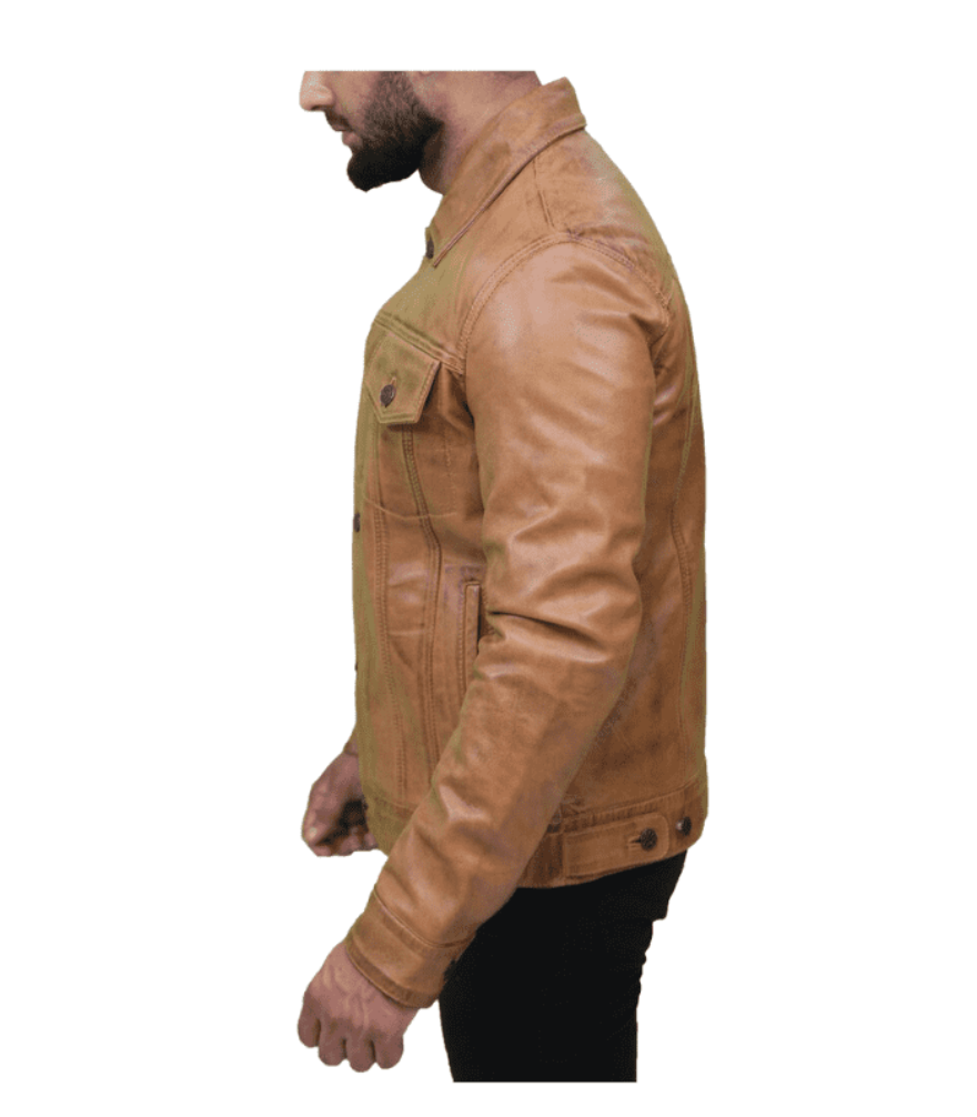 Picture of our Tan Leather Trucker Jacket on a model, side  view.