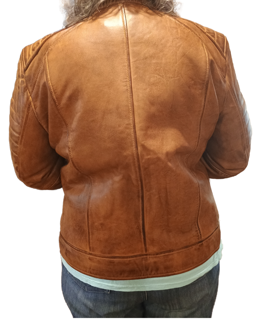 Model wearing wearing our tan cafe racer back view.