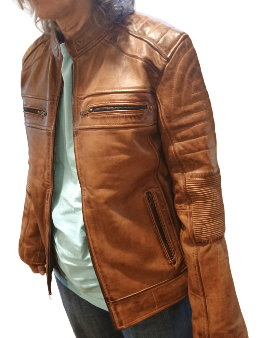 Model wearing wearing our tan cafe racer side view with zipper open.