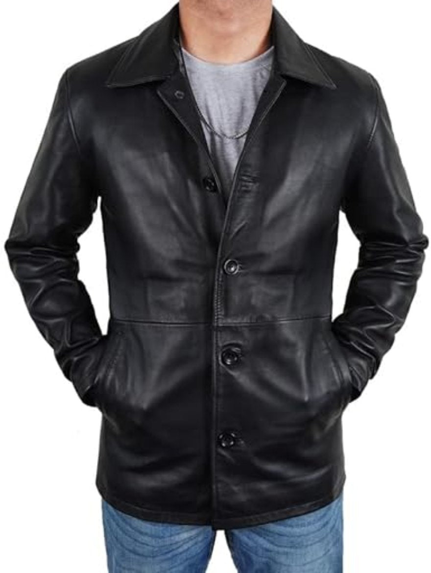 Picture of our Trench Coat Mens Black Leather Trench Coat, Front view, buttoned.