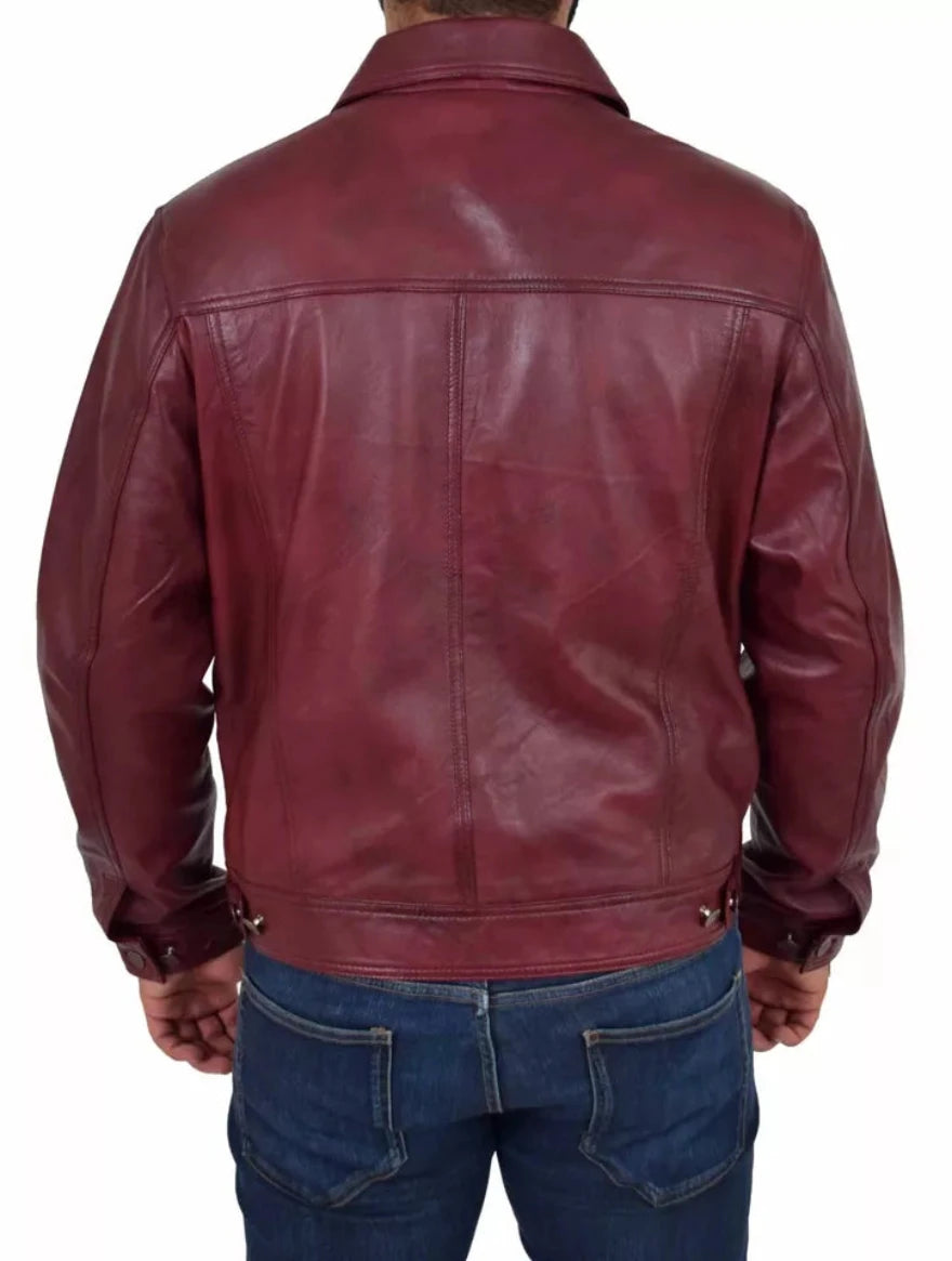 Picture of our Trucker Leather Jacket Mens | Maroon, on a model, back view.