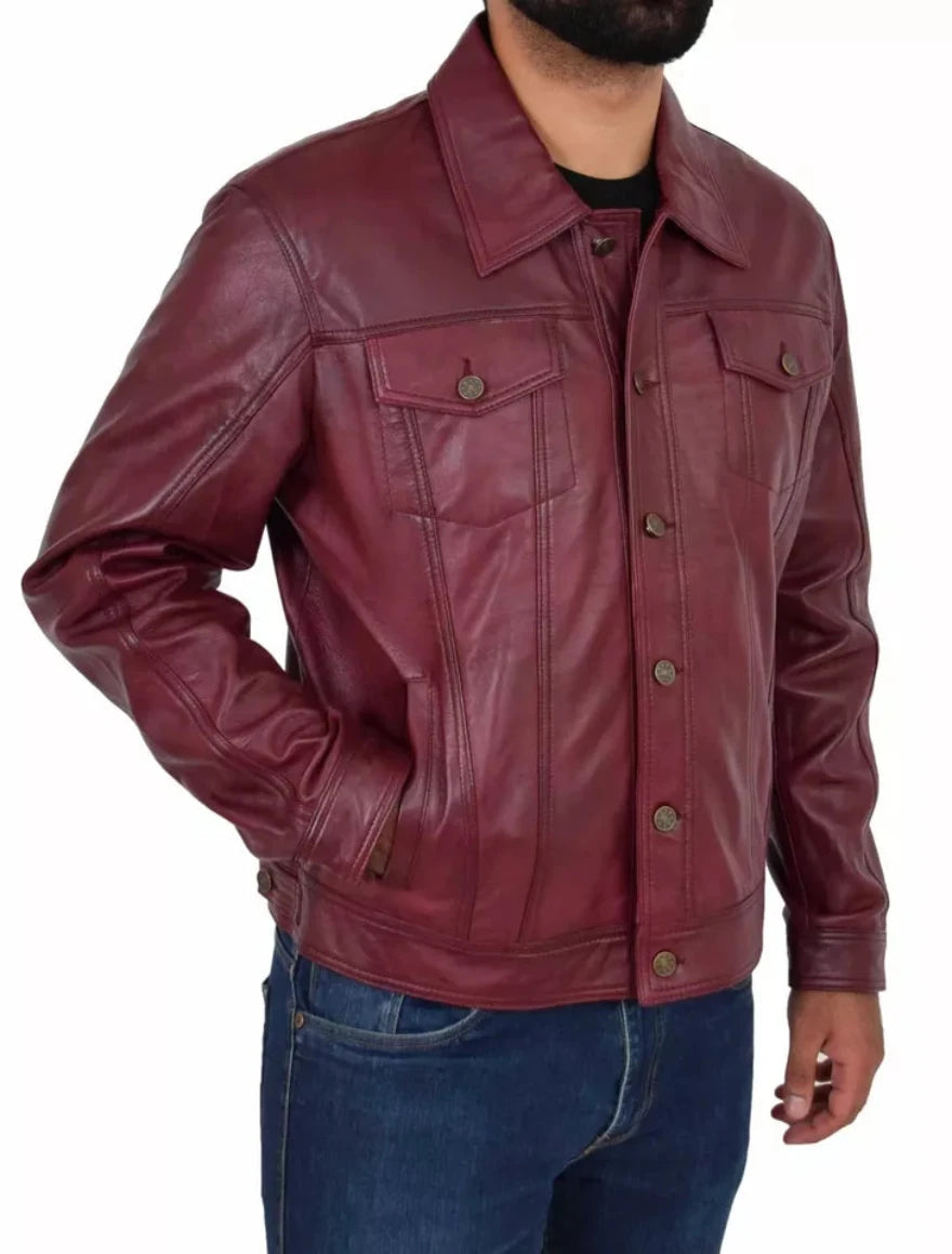 Picture of our Trucker Leather Jacket Mens | Maroon, on a model, side view.