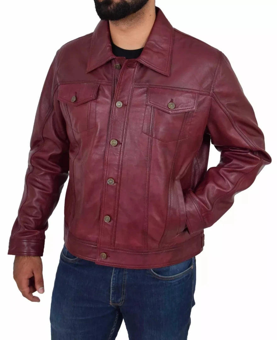 Picture of our Trucker Leather Jacket Mens | Maroon, on a model, side view.