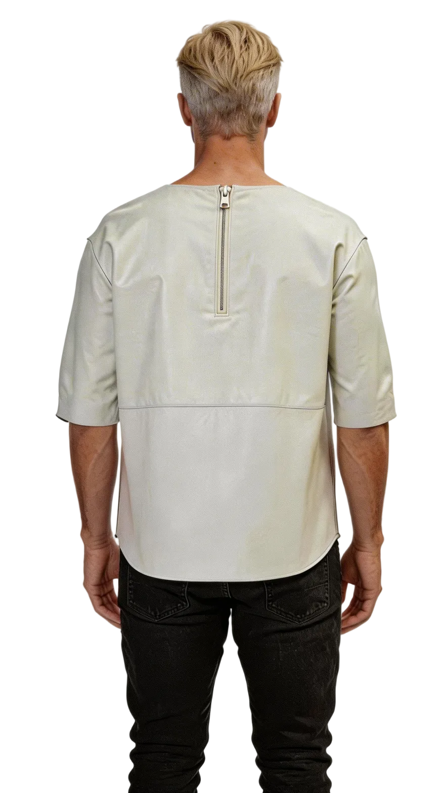 Man wearing our white short-sleeve leather tee shirt and dark pants against a white background, back view.