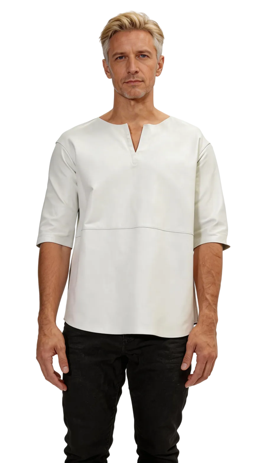 Man wearing our white short-sleeve leather tee shirt and dark pants against a white background, front view.