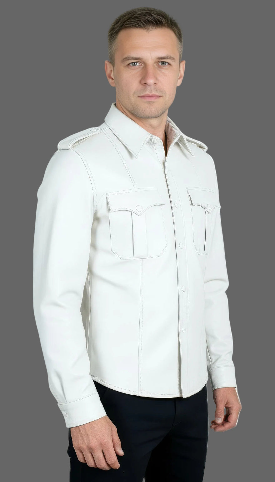Man wearing our white leather uniform shirt, front view, on a grey background