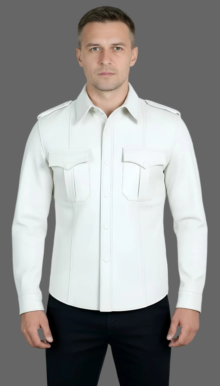 Man wearing our white leather uniform shirt, front view, on a grey background