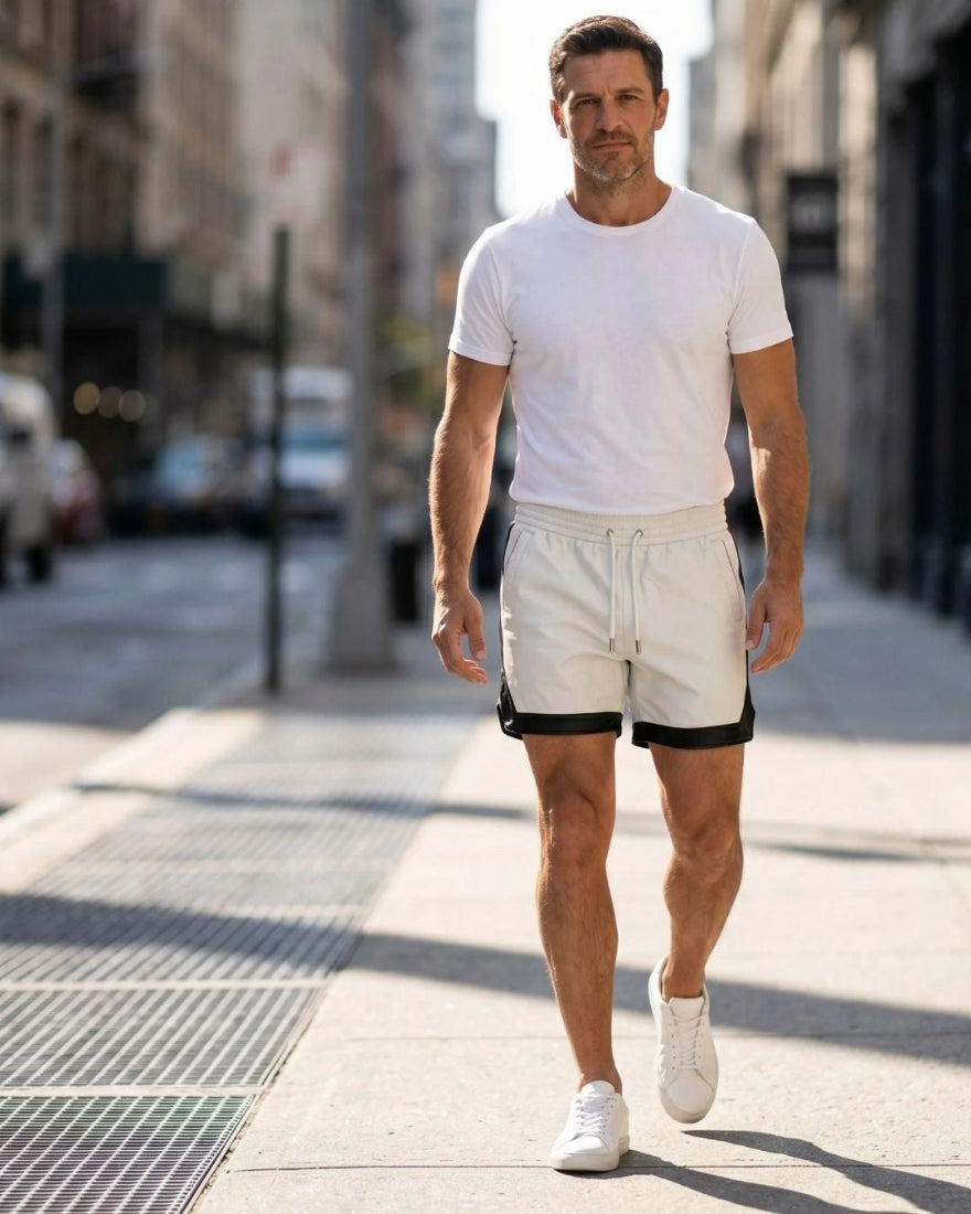 Man walking on a city street wearing a white t-shirt and our White Mens Leather Shorts with Contrast Side Stripe.