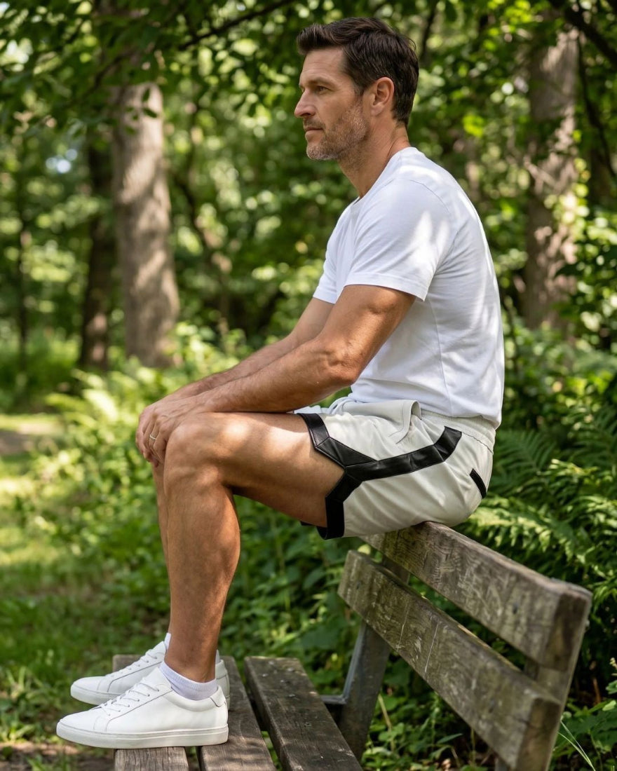 Man sitting on a wooden bench in a forest wearing a white tee shirt and our White Mens Leather Shorts with Contrast Side Stripe