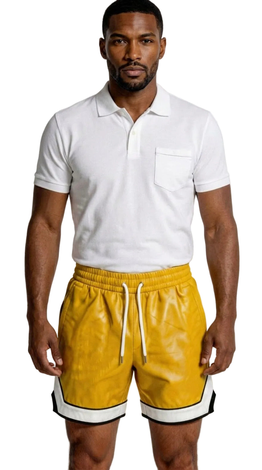 Picture of a man wearing our Yellow Mens Leather Shorts with Contrast Side Stripe and a white polo shirt,  front view.