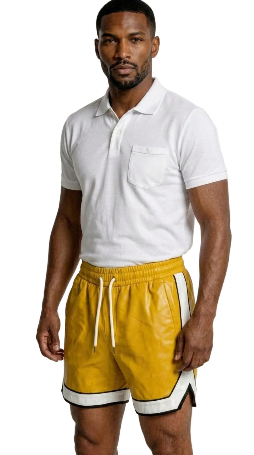 Picture of a man wearing our Yellow Mens Leather Shorts with Contrast Side Stripe and a white polo shirt,  front view.
