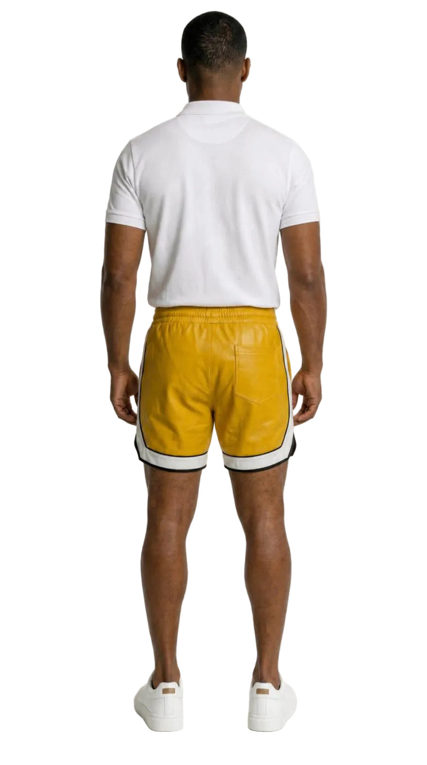 Picture of a man wearing our Yellow Mens Leather Shorts with Contrast Side Stripe and a white polo shirt,  front view.