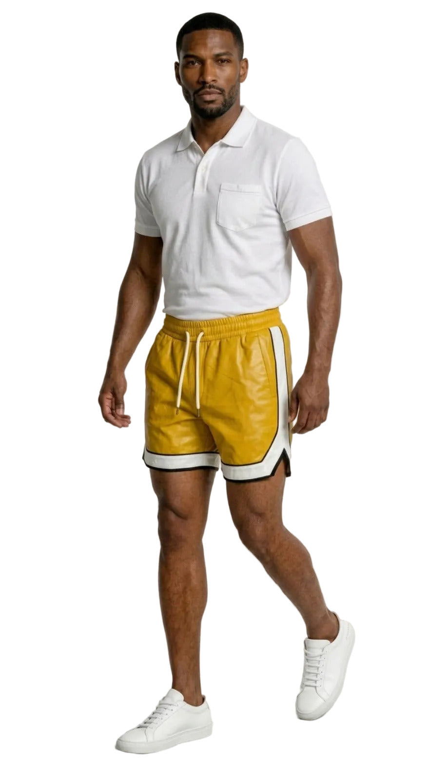 Picture of a man wearing our Yellow Men's Leather Shorts with Contrast Side Stripe and a white polo shirt,  in a front walking front pose.