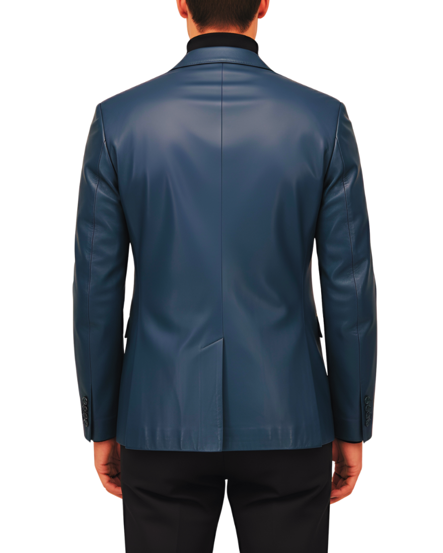 Blue leather sport jacket worn by a man on a white background