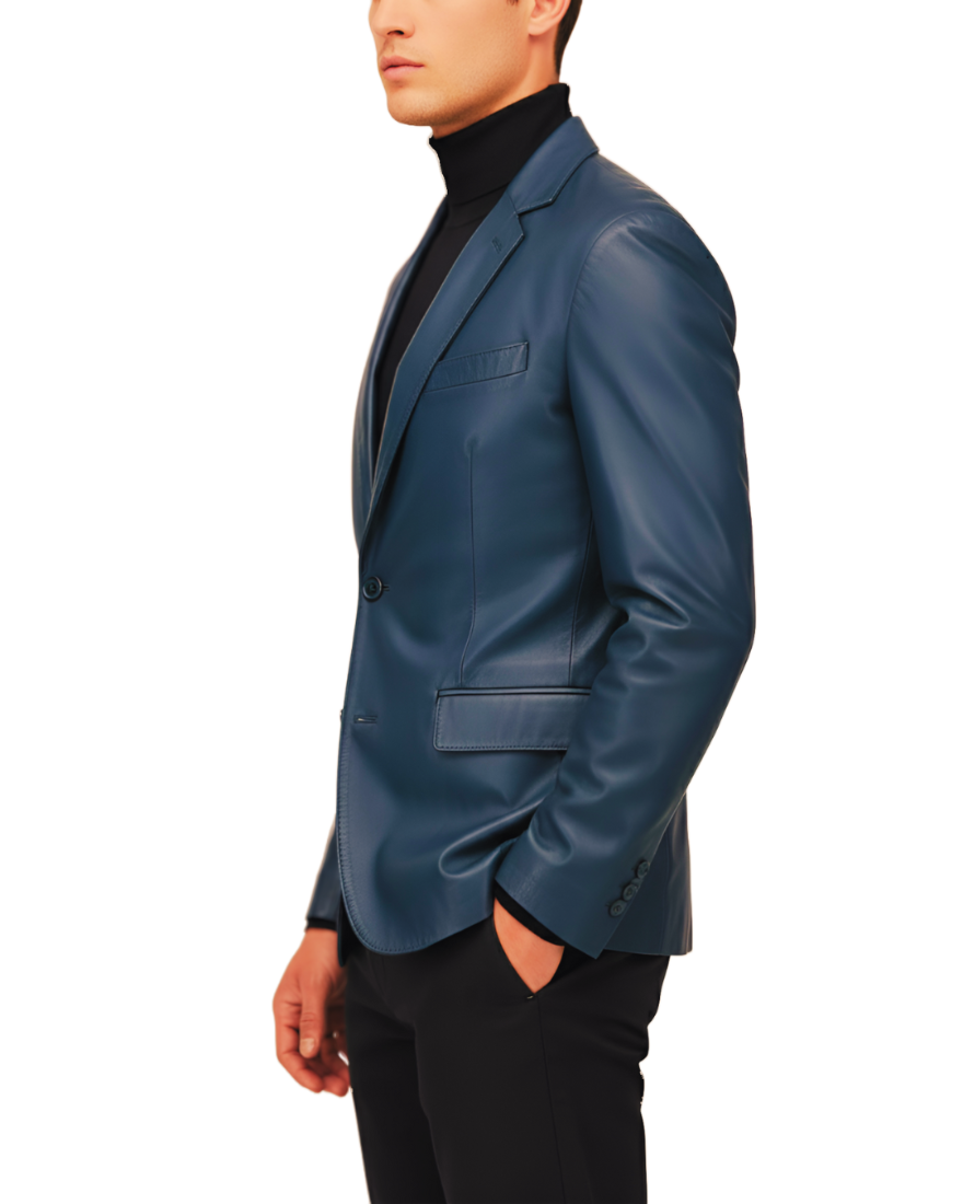 Blue leather blazer worn by a man on a white background