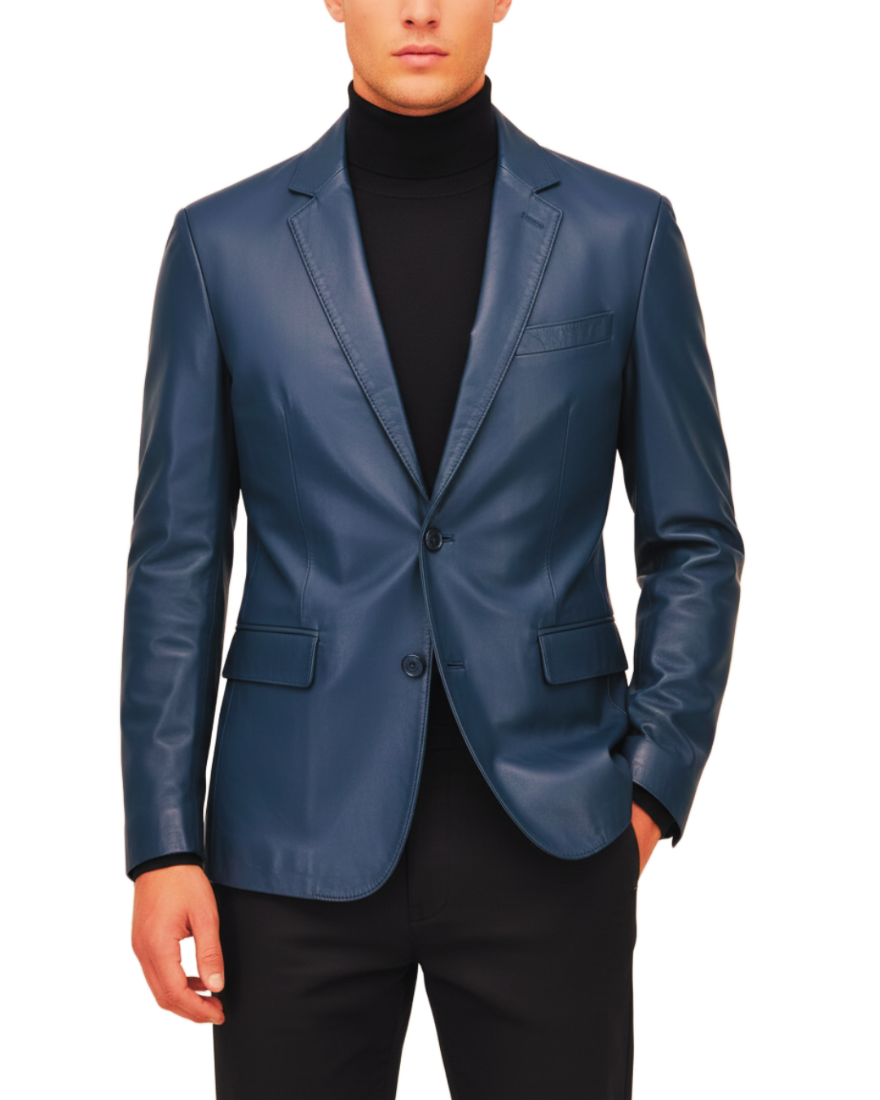 Blue leather sport jacket worn by a person on a white background