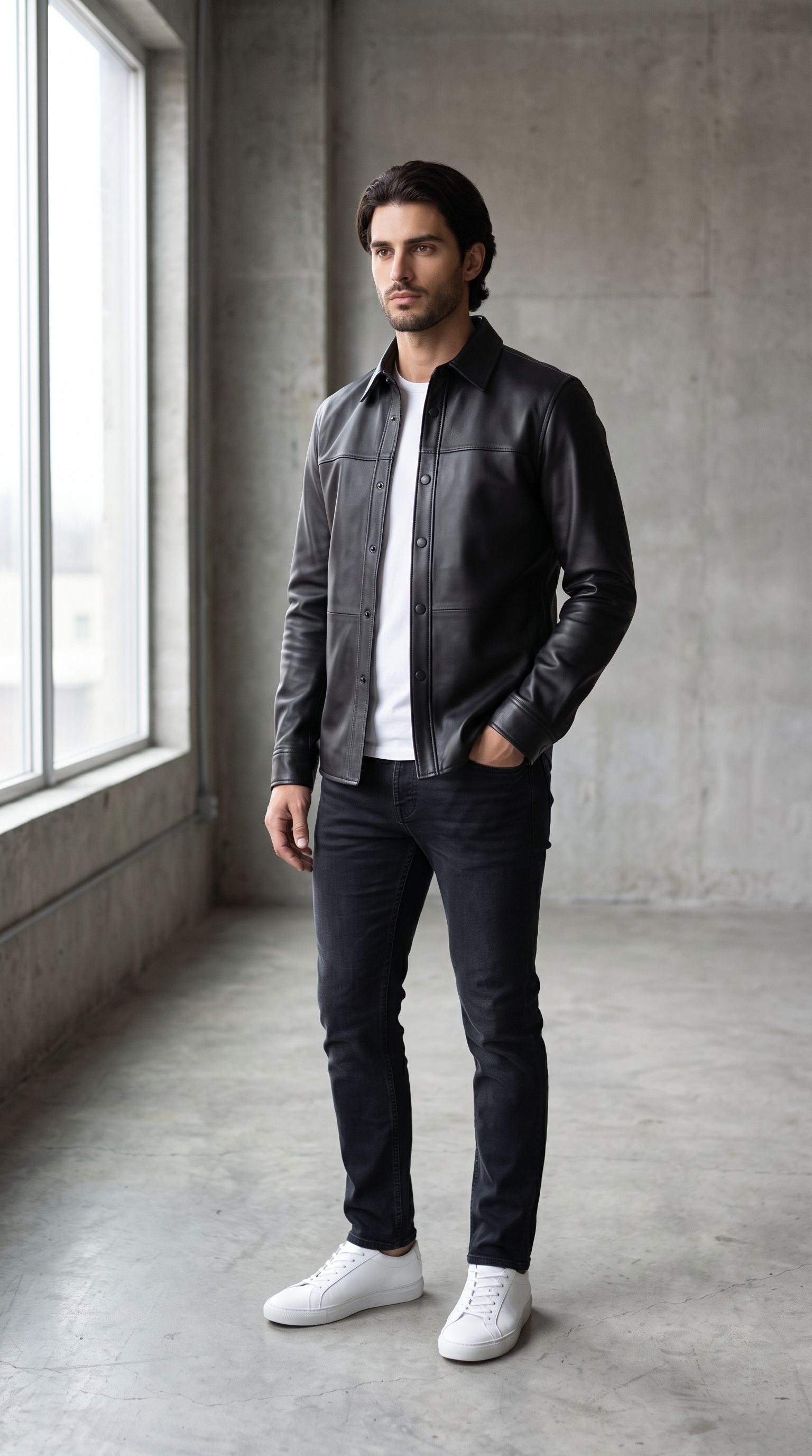 A male model wearing a premium black nappa sheepskin leather button-up shirt over a white tee in a loft.