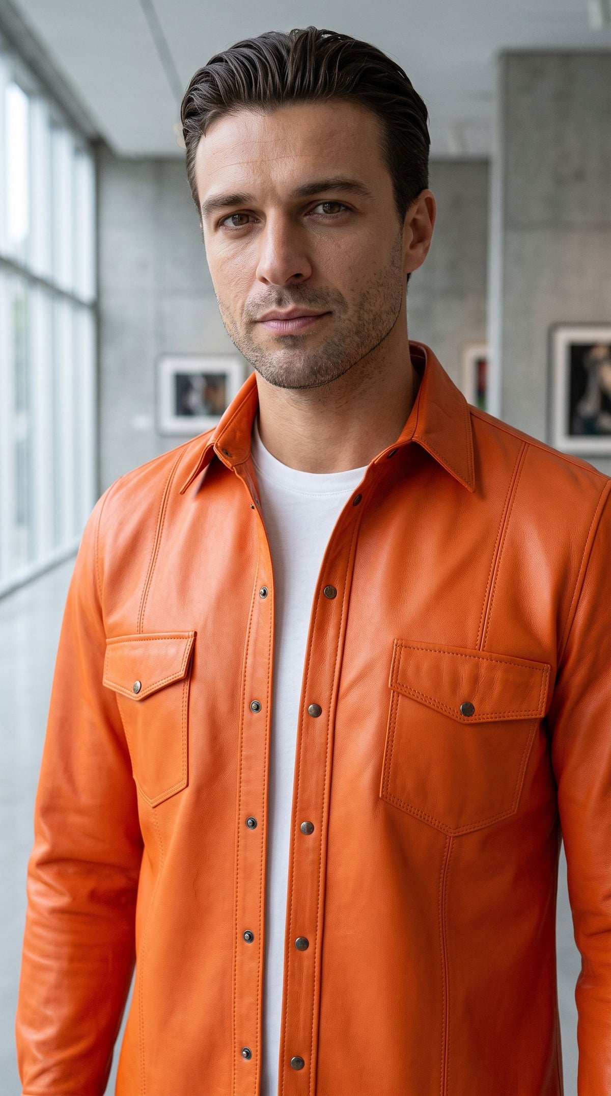 Close-up of an orange leather shirt showing detail on the collar, chest pockets, and metallic fasteners.